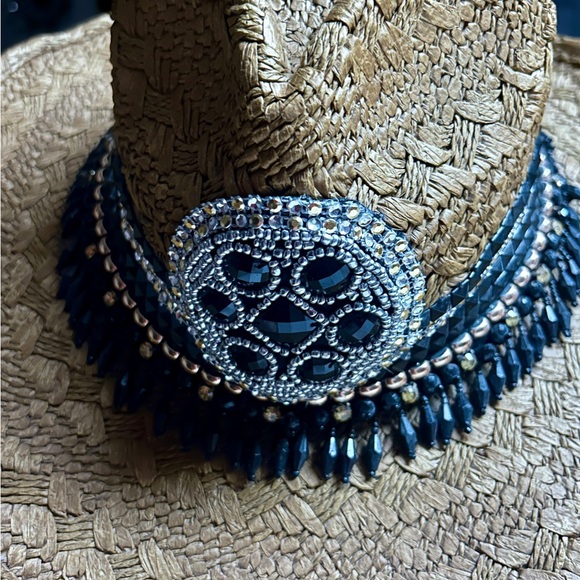Whittall & Shon ~Brown W/Black & Gold Beaded/Rhinestones Bling Straw Cowboy Hat - Picture 11 of 16